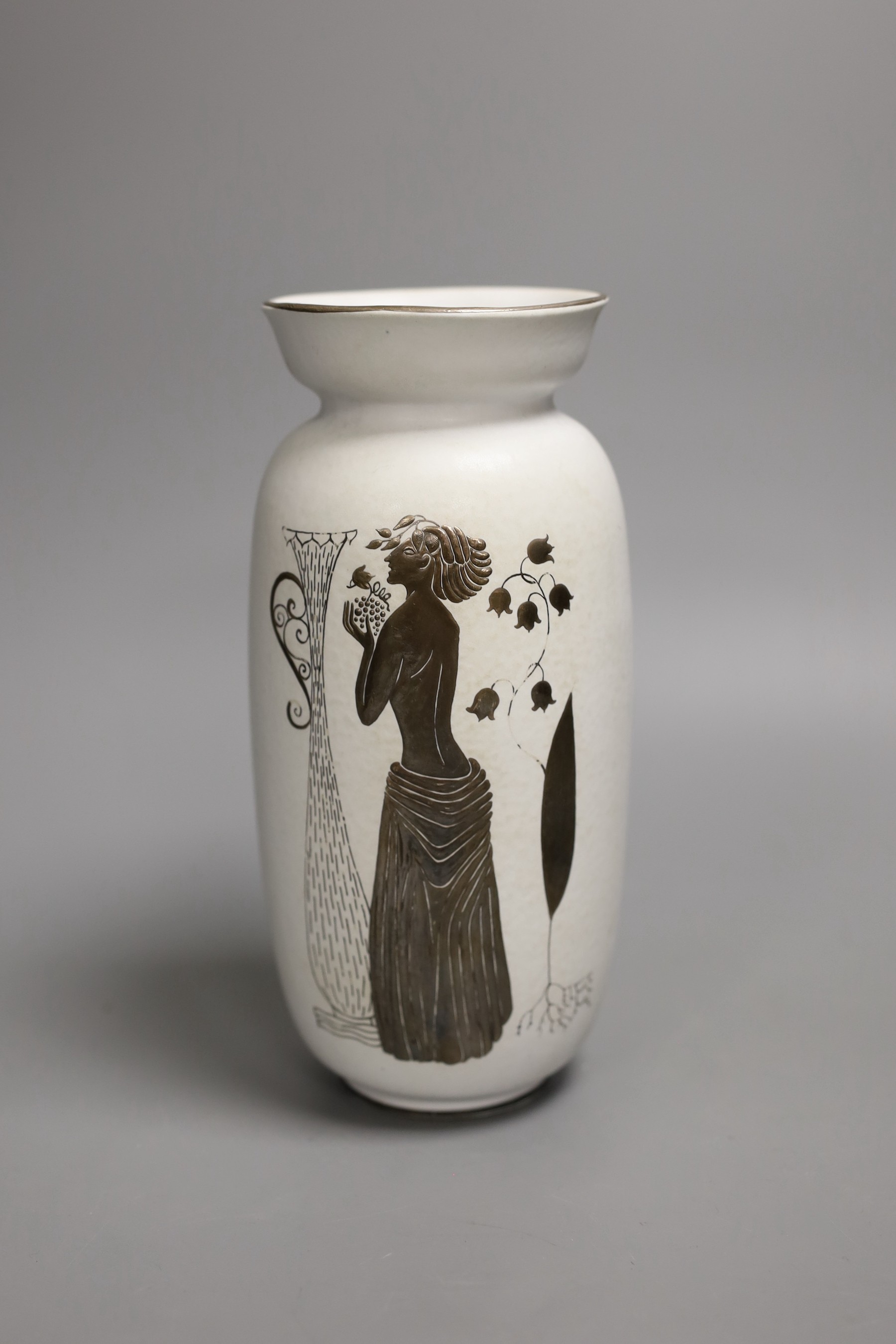 A Gustavsberg Stig Lindberg 215 shape Grazia vase decorated with a woman, vase and flowers, 20cm